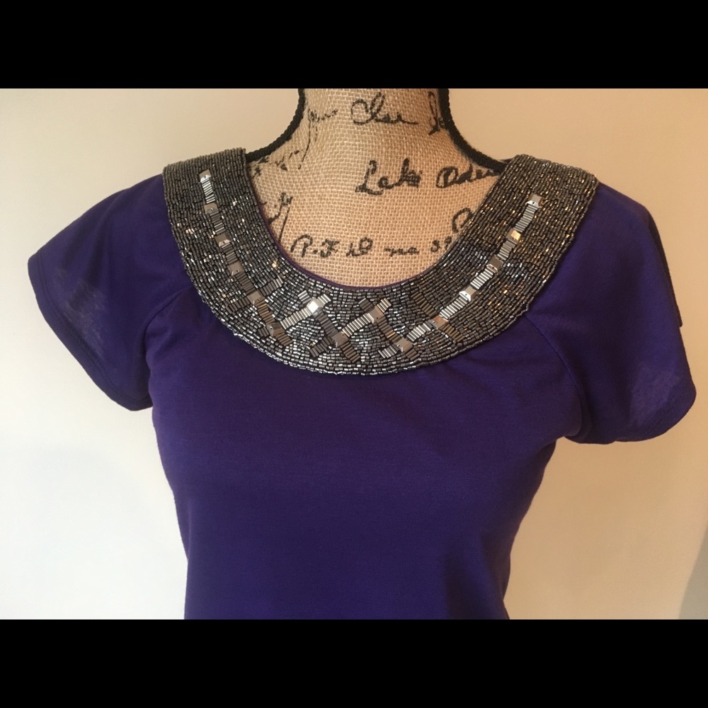 Beaded Neck Ruched Purple Tunic, Medium